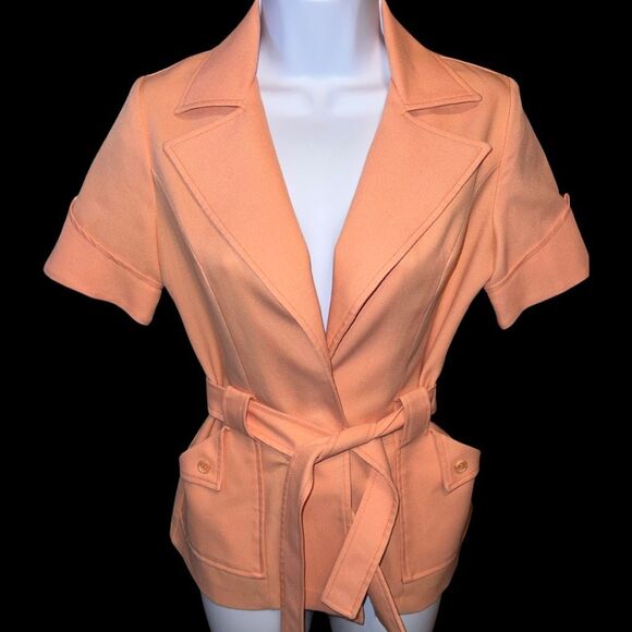 Vintage 70s Collage Town Peach Button Tie Waist Tailored Jacket Blazer Size 7/8 - Picture 3 of 8